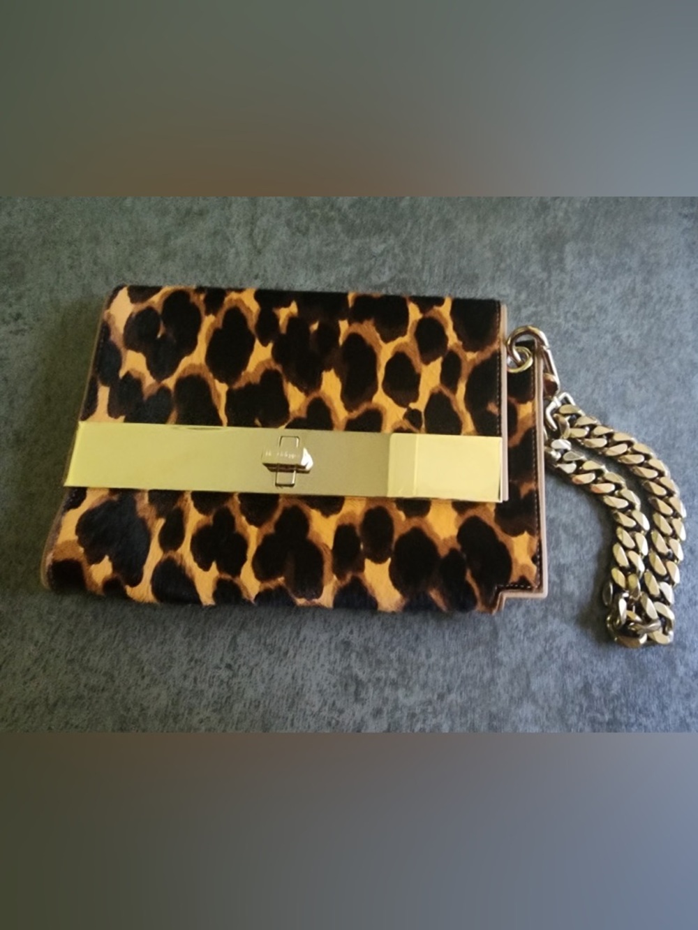 Dee Ocleppo Leopard Print Pony Hair Clutch with Gold Accent and Chain Wristlet